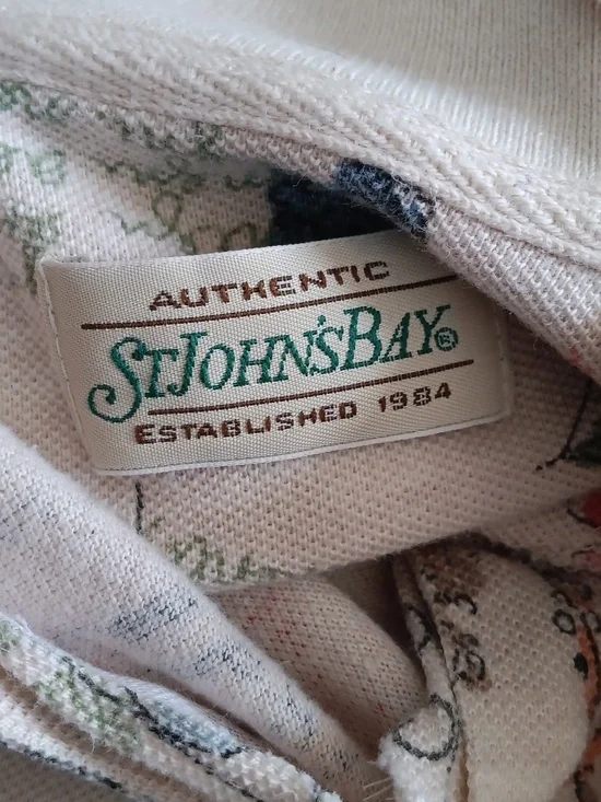 St John’s Bay Floral Script Print Polo Shirt M Cotton Button Short Sleeve - Picture 7 of 8